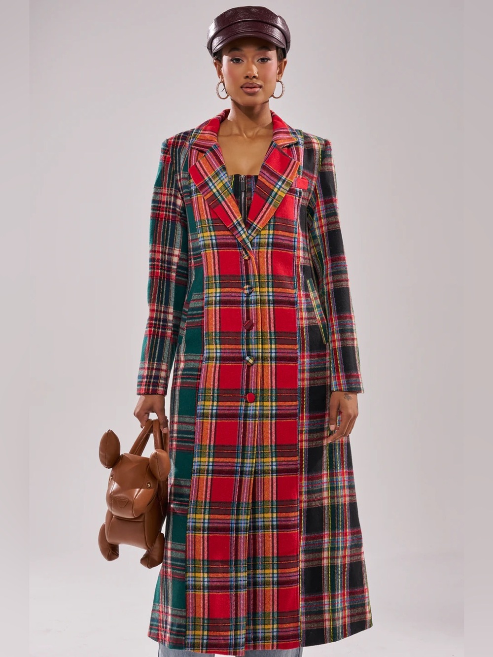Long Plaid Button-Front Coat in Red & Green